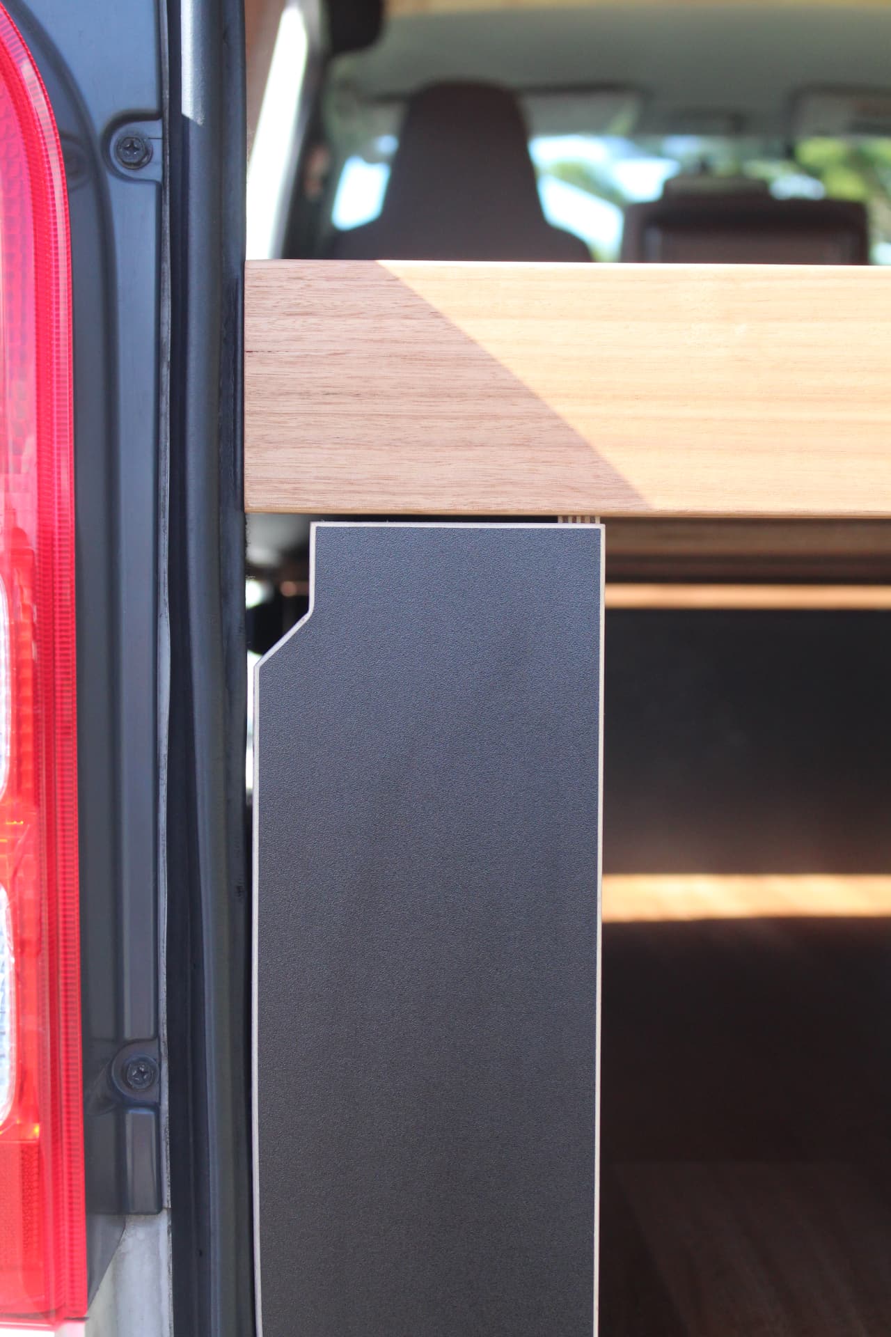Hiace 200 Series Weekender — Rear open on the full timber-lined interior
