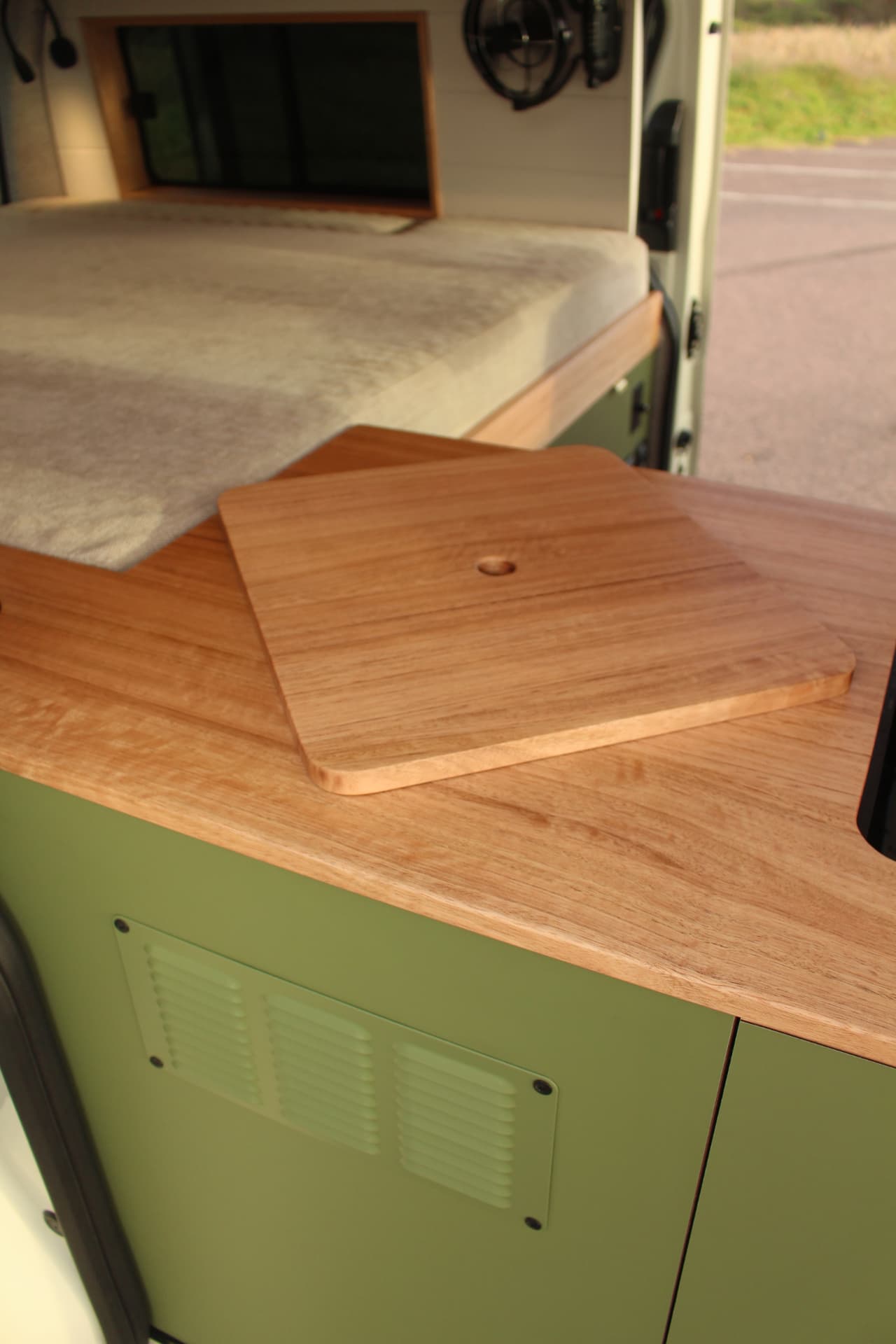 Toyota Hiace 300 Series — Solid timber sink lid on the benchtop