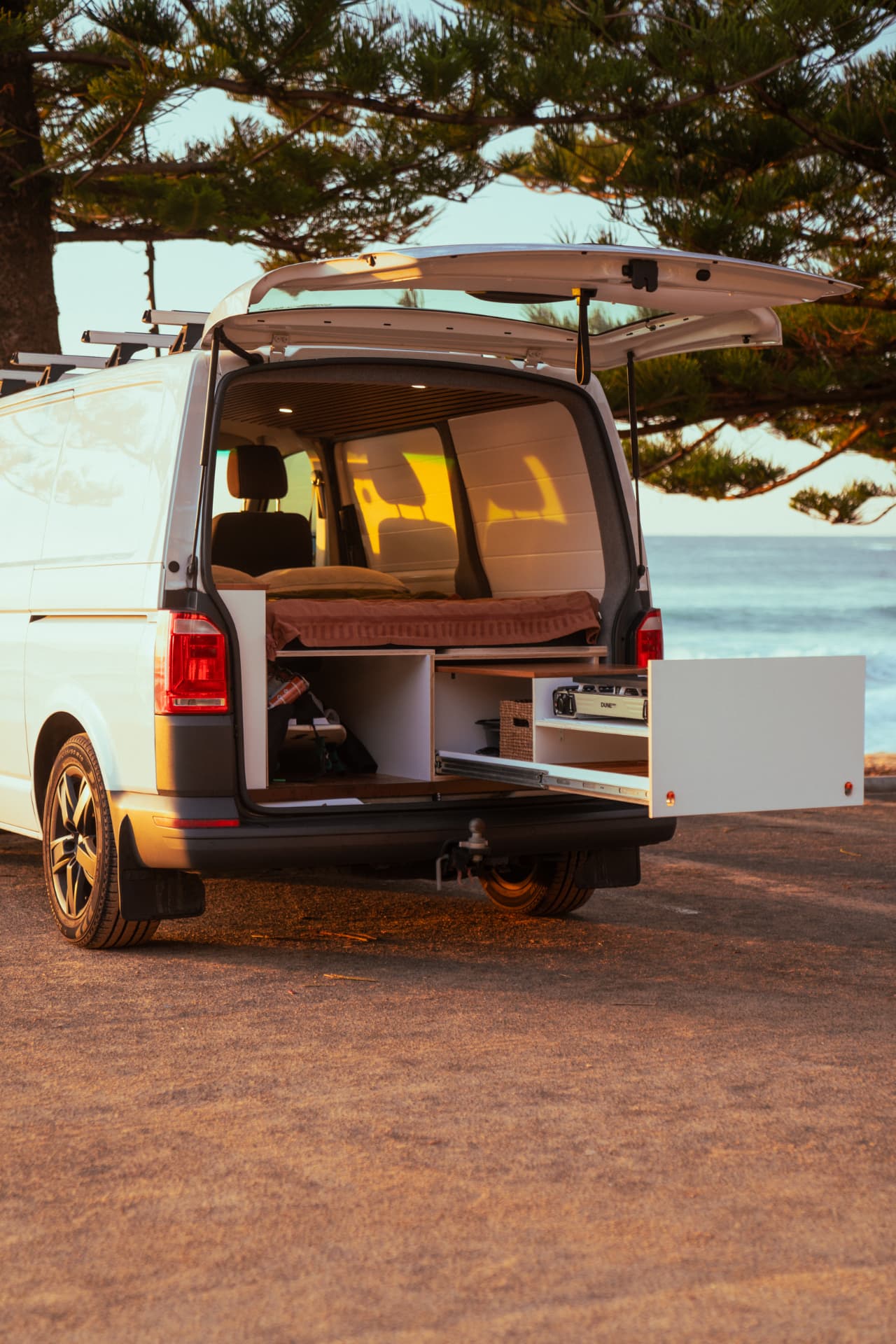 VW Transporter — Kitchen drawer extended, cooktop ready to go