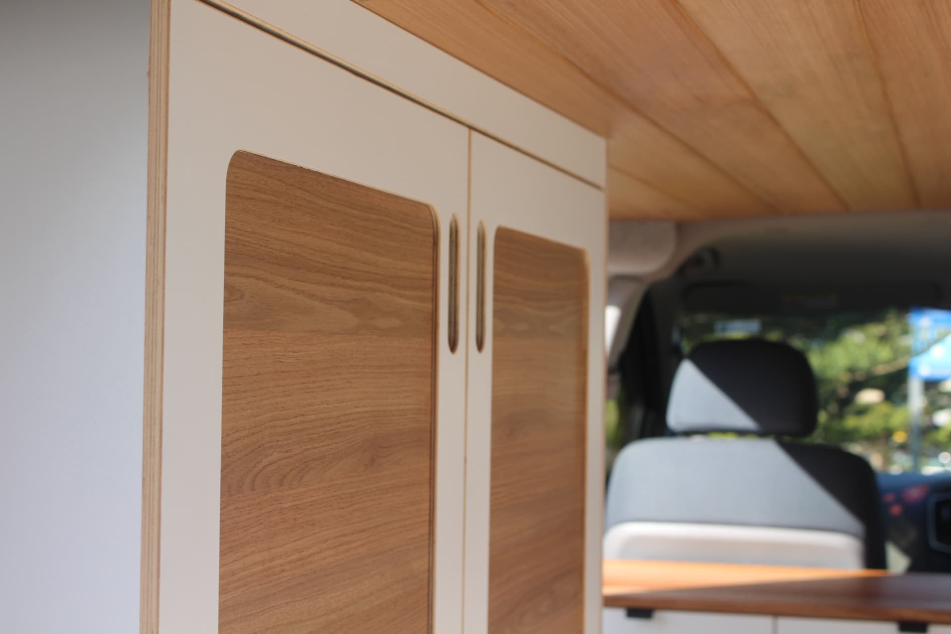iLoad Camper — Cabinet edge and timber-lined ceiling
