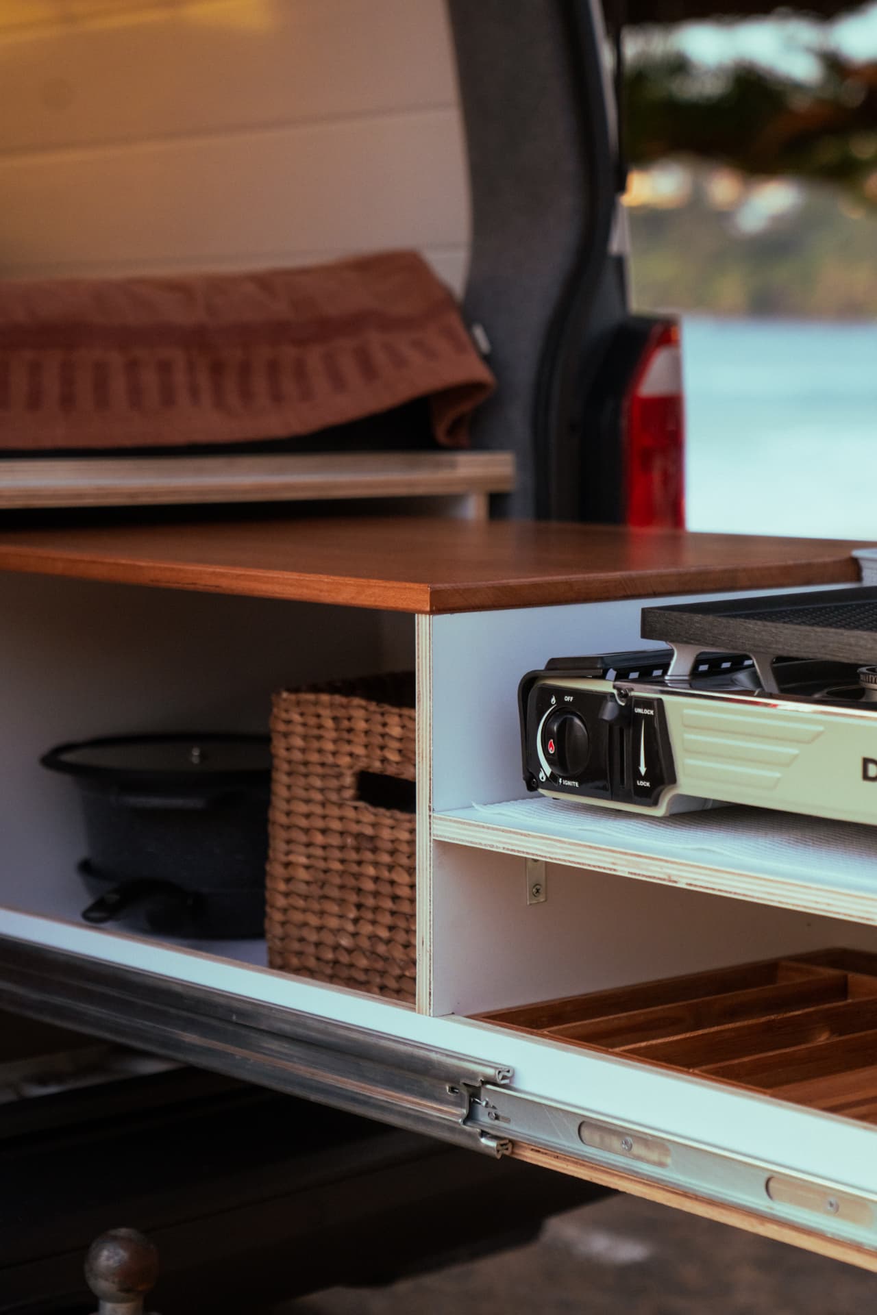 VW Transporter — Hardwood benchtop, cutlery drawer and pantry basket
