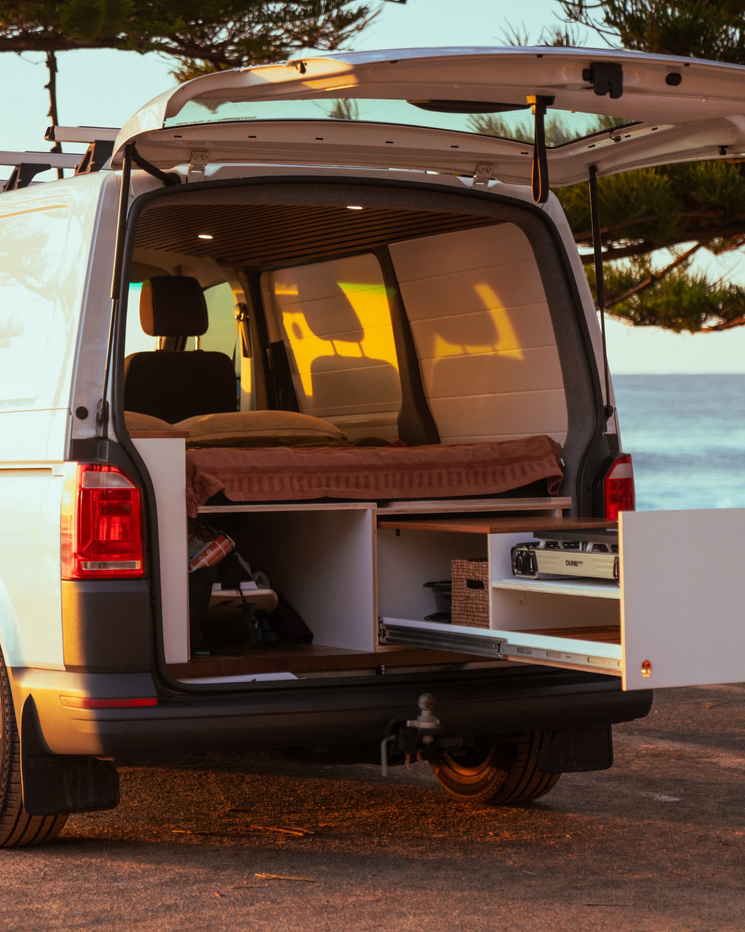 VW Transporter — Full rear view of the bed platform and slide-out drawer