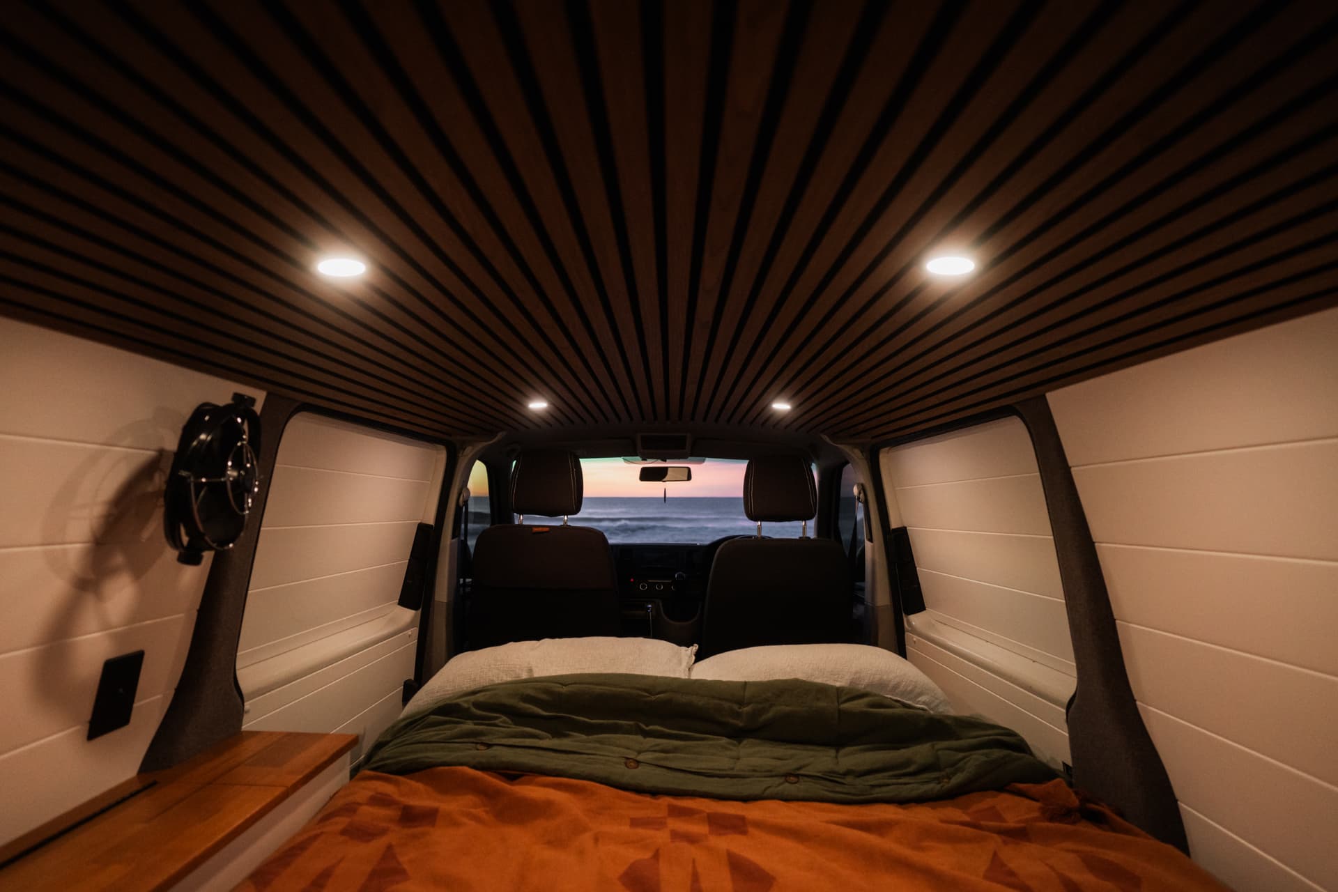 VW Transporter — Slatted oak ceiling over the full-width bed