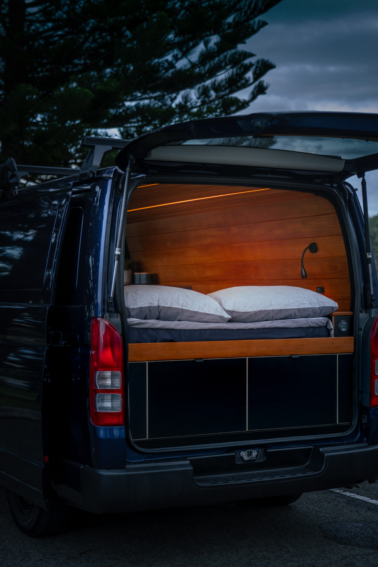 Hiace 200 Series — Rear bed at dusk