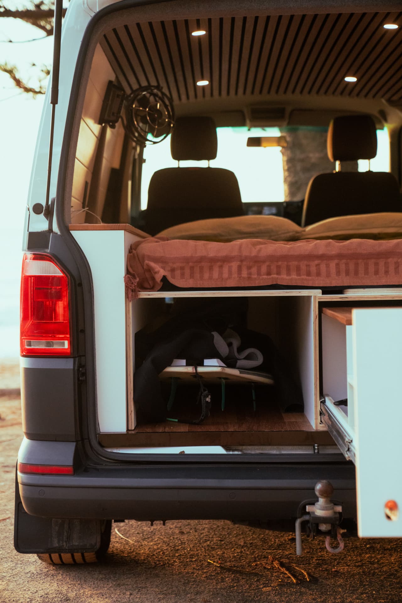 VW Transporter — Rear view of the bed platform and full-width garage