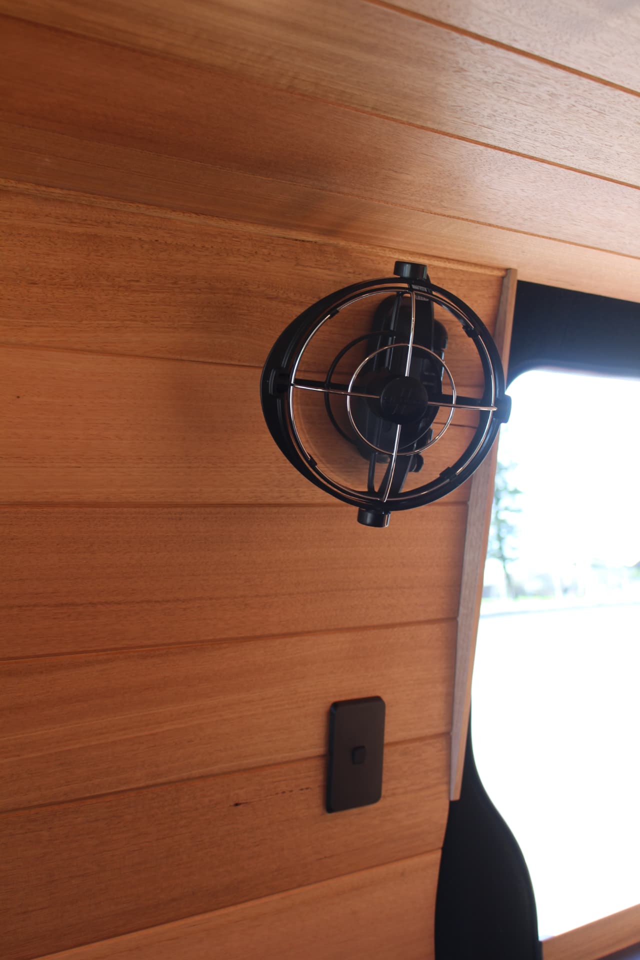 Hiace 200 Series Weekender — Swivel fan on the timber lining