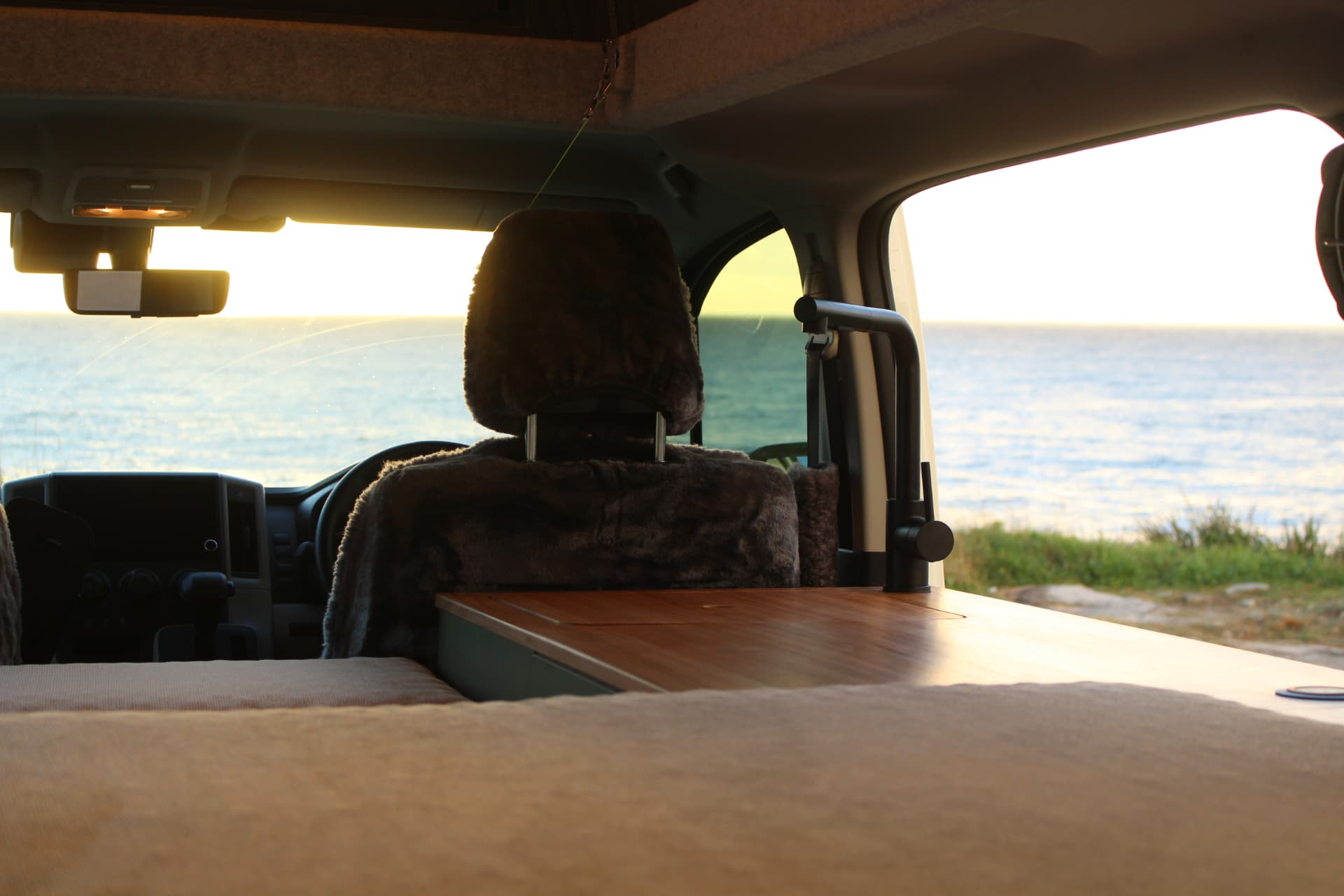 Toyota Hiace 300 Series — Bench, tap and the view forward