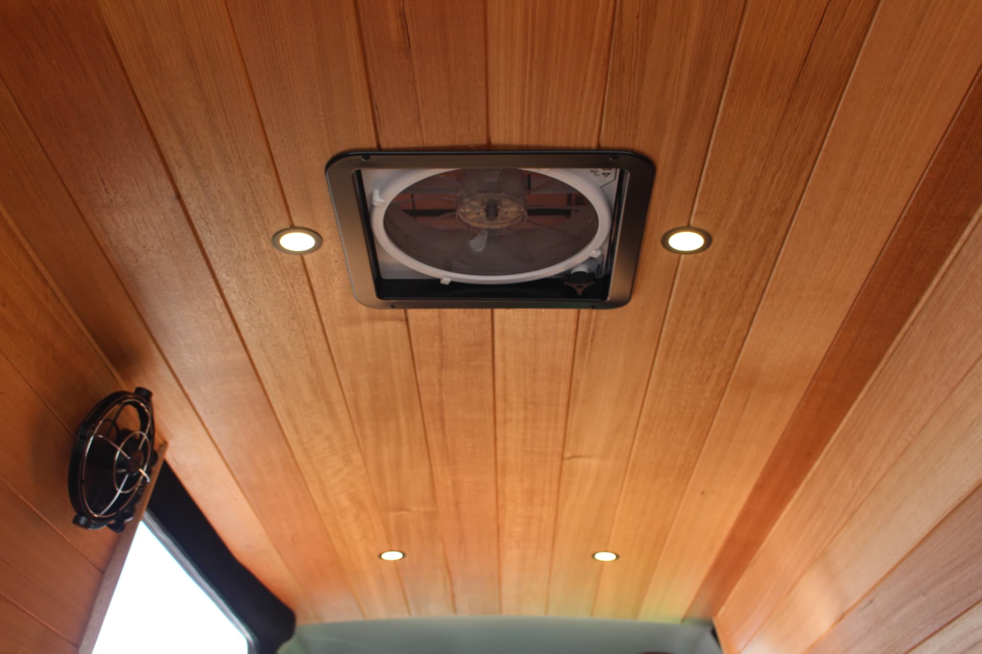 Hiace 200 Series Weekender — Roof hatch and Sirocco fan set into the ceiling