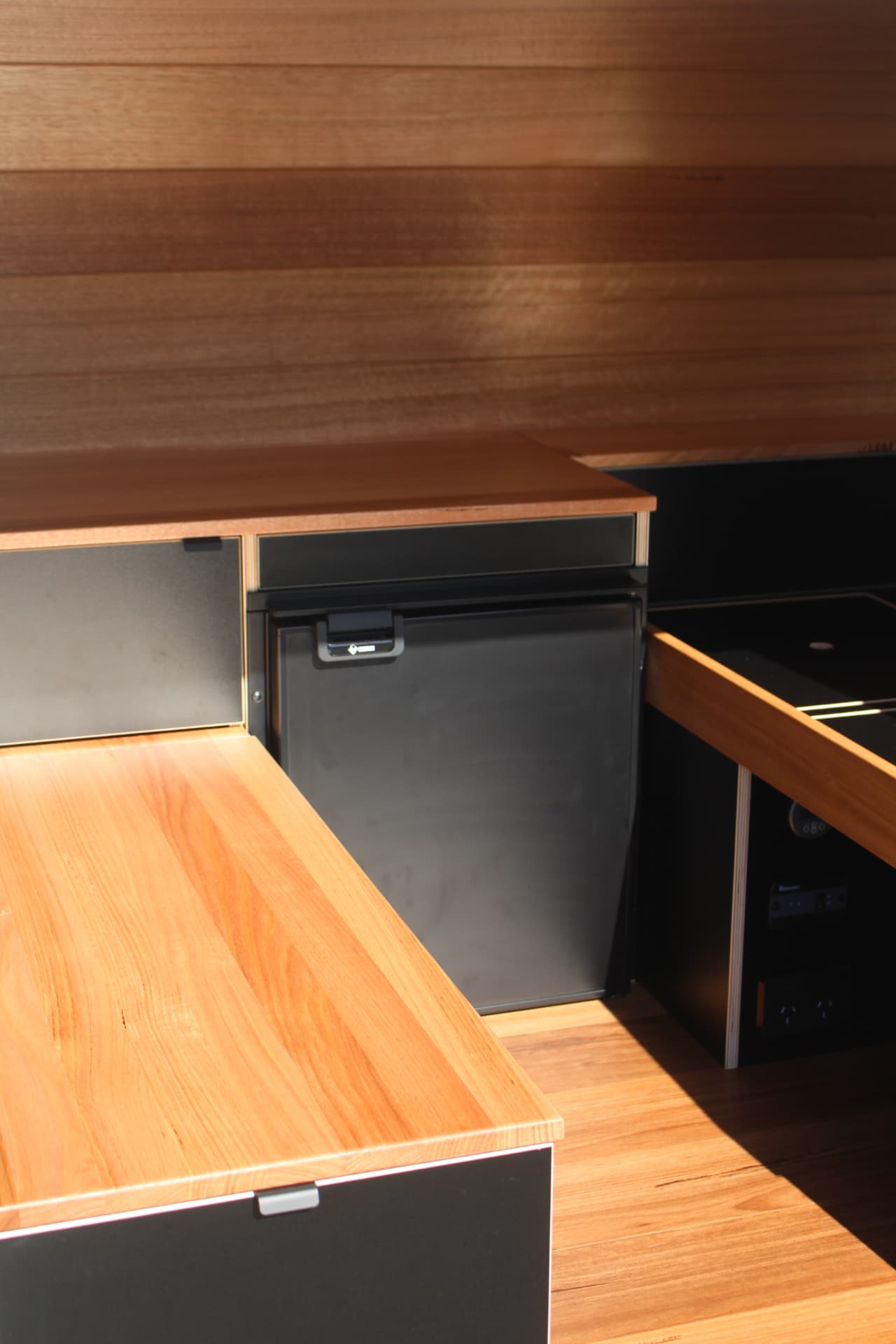 Hiace 200 Series Weekender — Hardwood benchtop with fridge slide